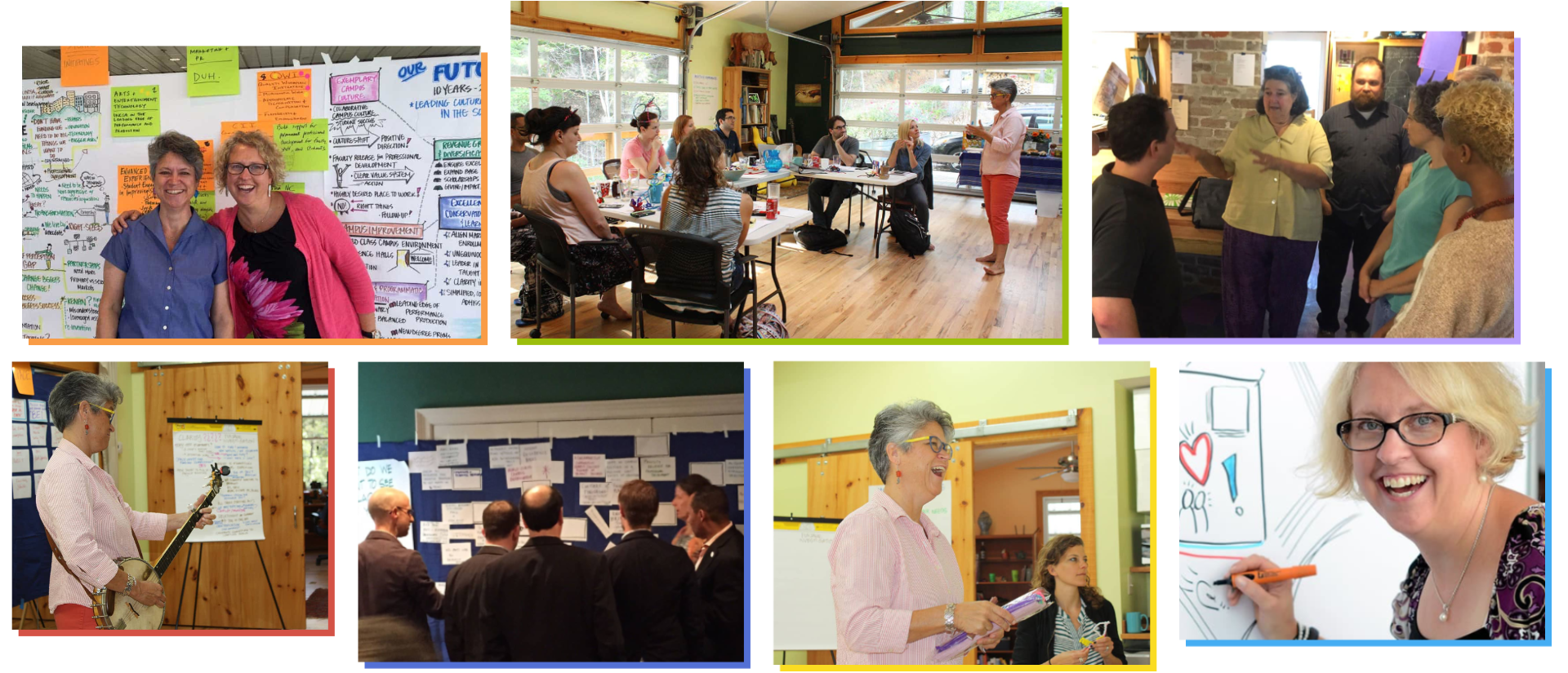 A collage of on-site photos of Artistic Logistics consultants working with client groups.