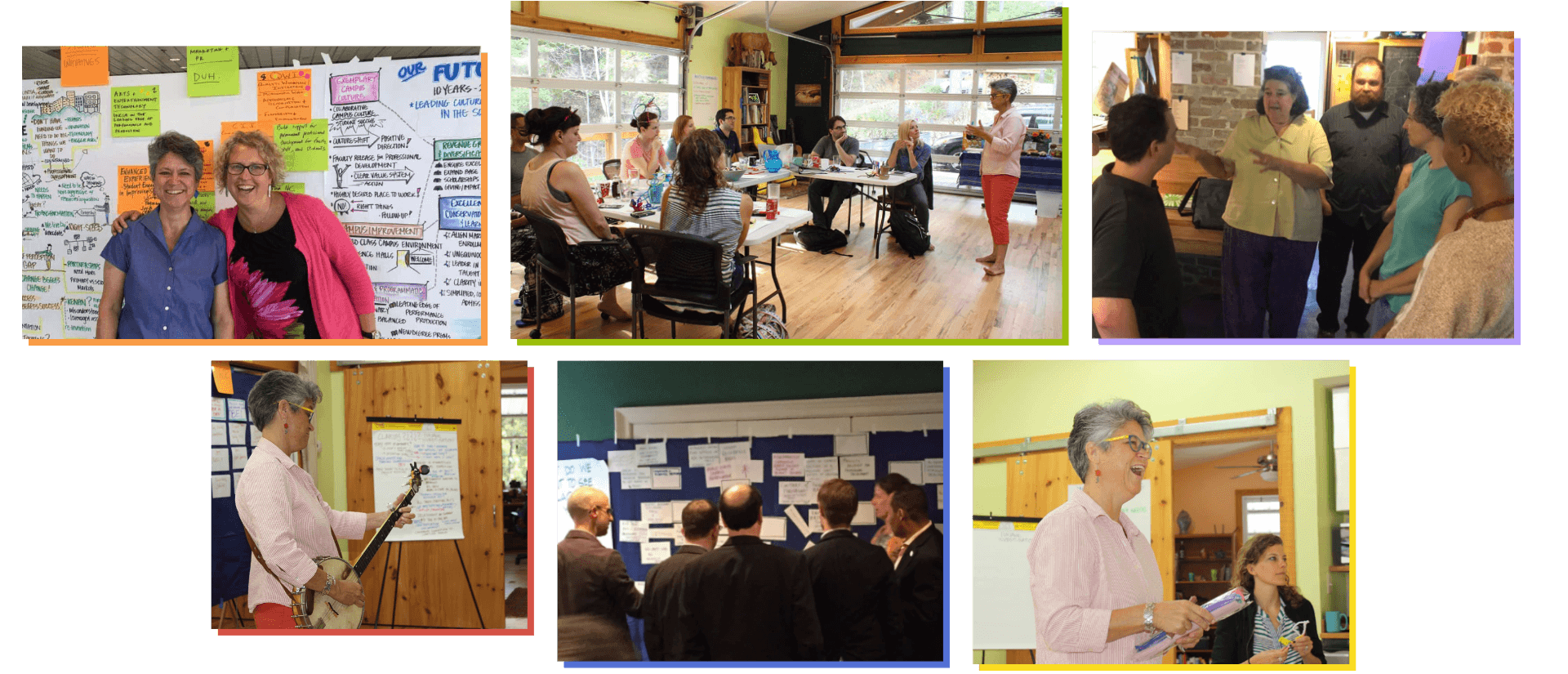 A collage of on-site photos of Artistic Logistics consultants working with client groups.